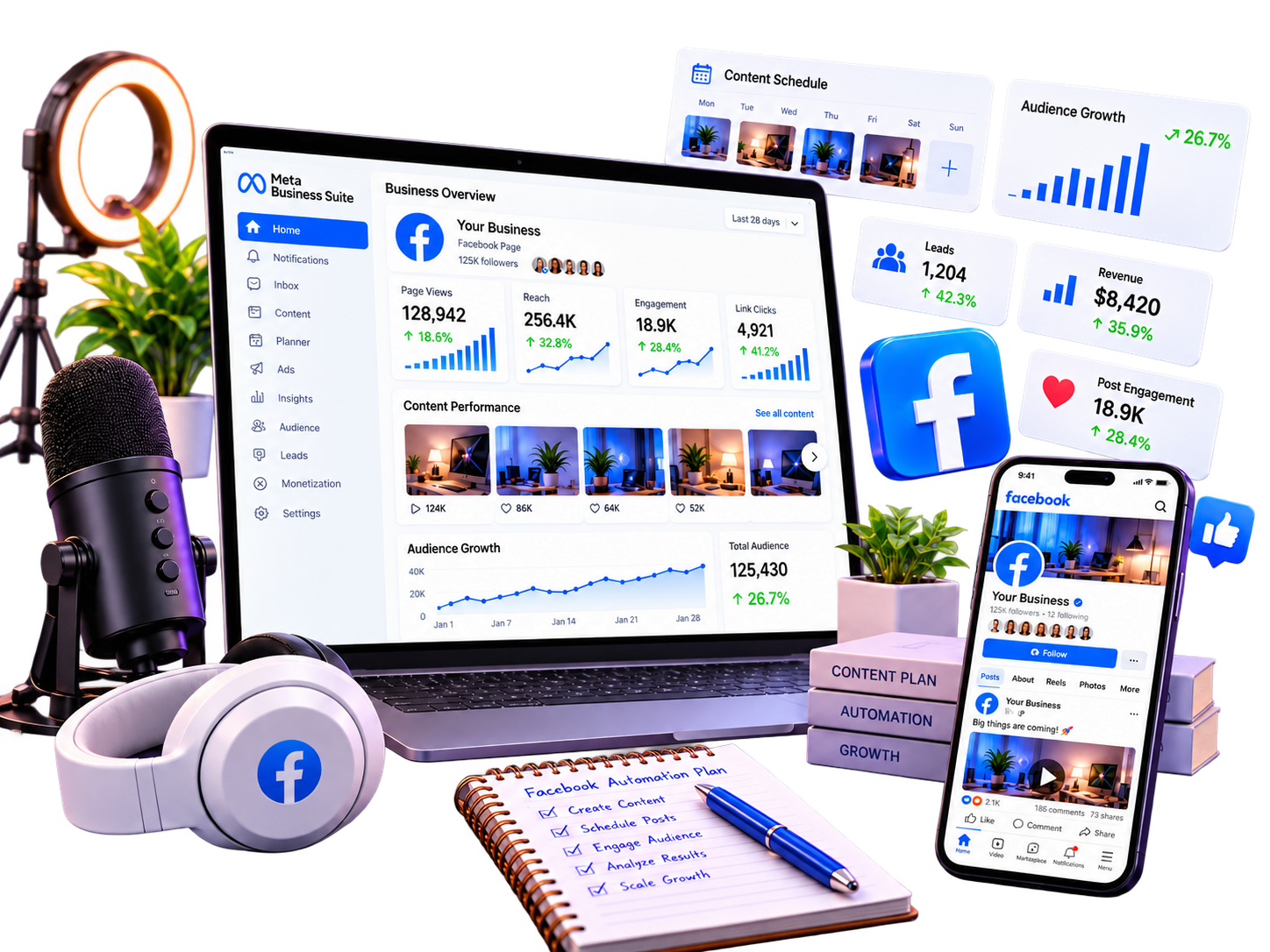 Facebook content planning and page growth illustration
