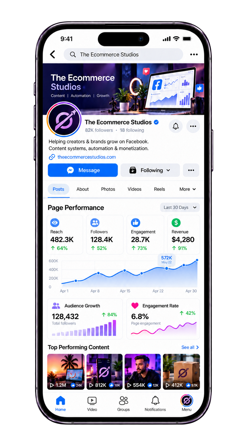 The Ecommerce Studios Facebook profile and page performance illustration